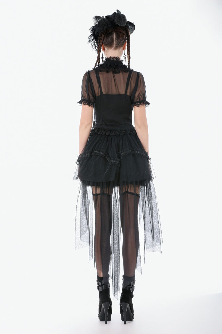 Black Multi-Layered Ruffled Lace Short Puff Sleeves Sheer Women's Courtly Gothic Blouse