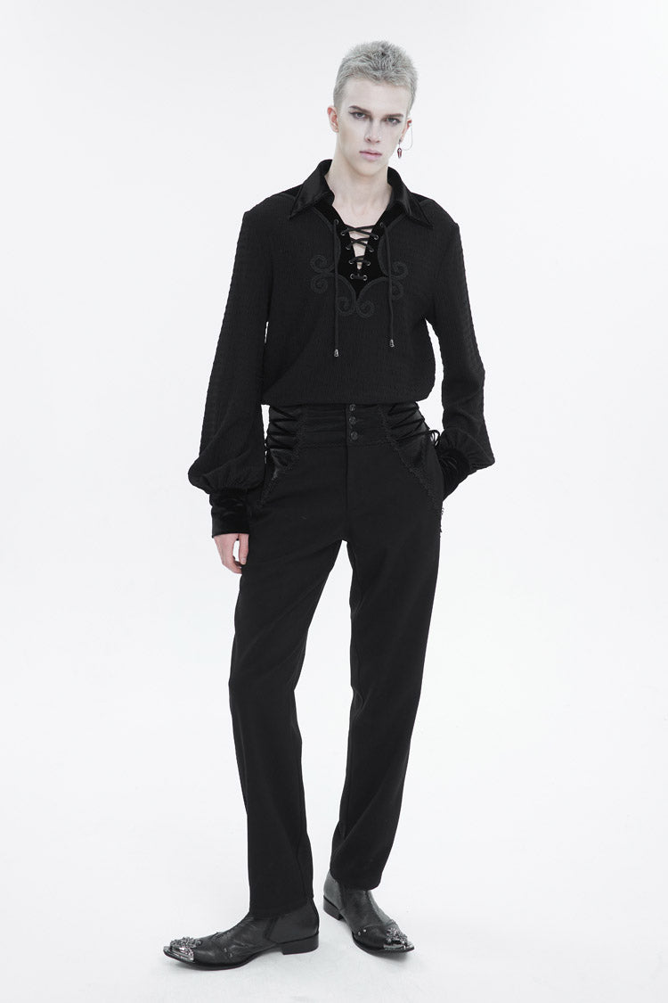 Black Embroidered Chest With Drawstring Strappy Puff Sleeved Men's Gothic Shirt