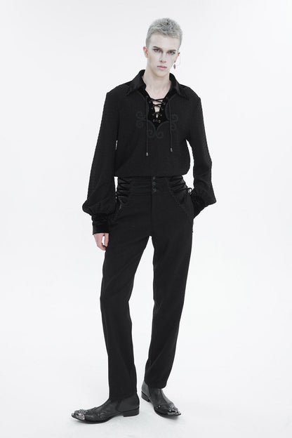 Black Embroidered Chest With Drawstring Strappy Puff Sleeved Men's Gothic Shirt