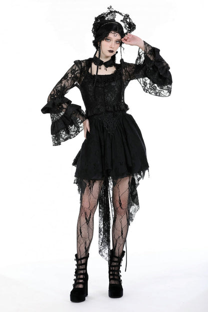 Black Multi-Layered Long Trumpet Sleeves Lace Lace-Up Women's Gothic Top