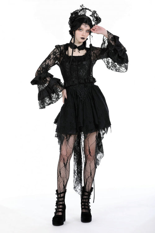 Black Multi-Layered Long Trumpet Sleeves Lace Lace-Up Women's Gothic Top