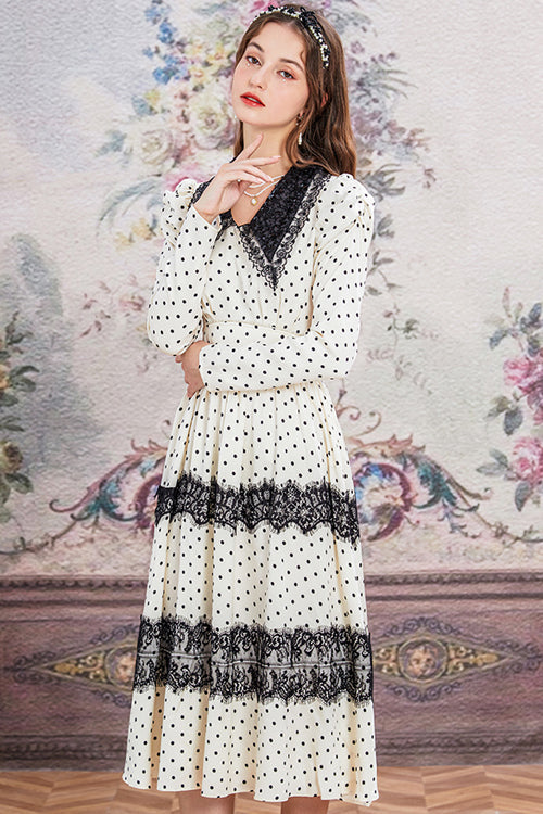 Beige/Black Doll Collar Vintage Lace Patchwork Polka Dot Print Long Sleeves High Waisted Long Sweet Lolita OP Dress