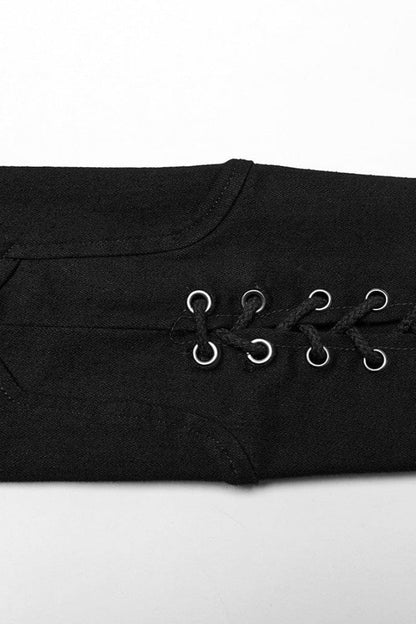 Black Denim Eyelet Rope Stand Collar Zipper Slim Irregular Womens Steampunk Coat
