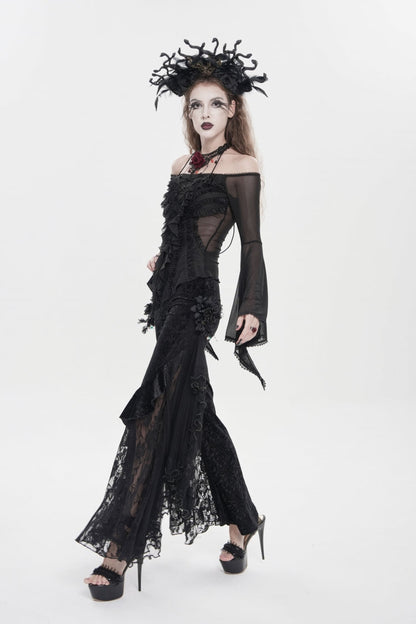Black Embroidered Lace Women's Printed Mesh Floral Gothic Pants
