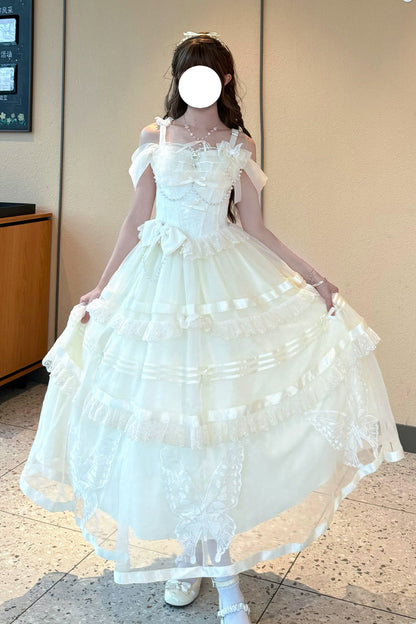 Apricot [Moonlight Poems] Triple-Layered Jacquard Ruffle Bowknot Lace Sweet Elegant Princess Lolita Jsk Dress
