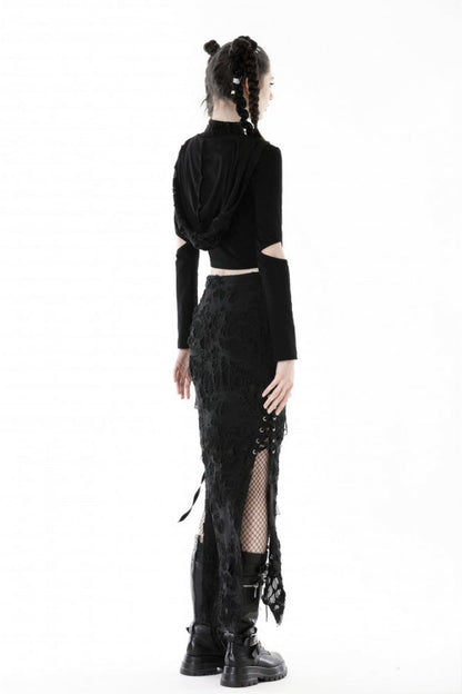 Black Metal Cross Eyelet Long Sleeves Cut-Out Women's Punk Crop Top with Ripped Hood