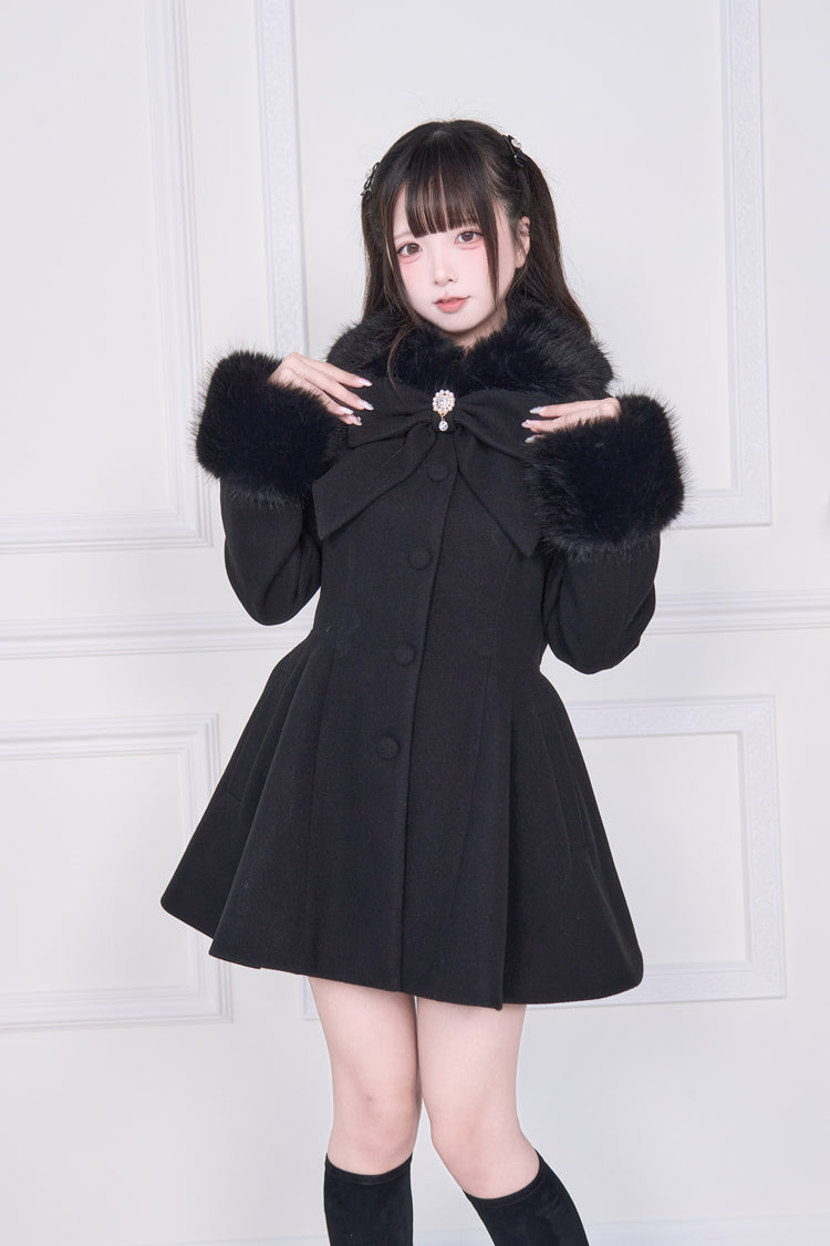 Black Plush Collar Long Sleeves Bowknot Japanese Sweet Lolita Coat