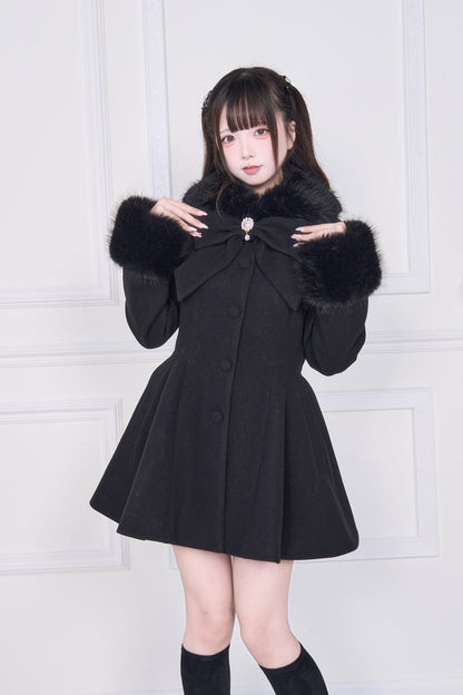 Black Plush Collar Long Sleeves Bowknot Japanese Sweet Lolita Coat