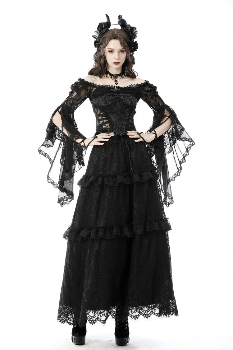 Black Off Shoulder Lace Long Trumpet Sleeves Floral Mesh Women's Gothic Cape