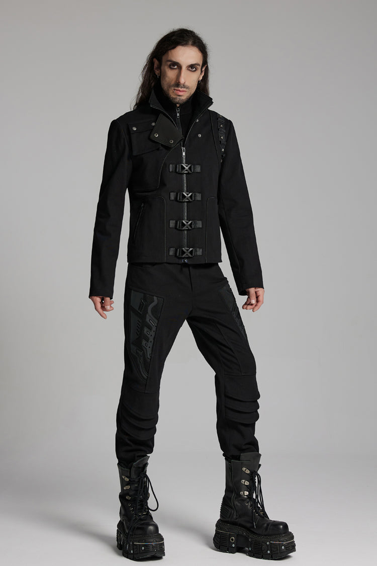 Black Buckle-up Rivets Long Sleeves Men's Punk Jacket