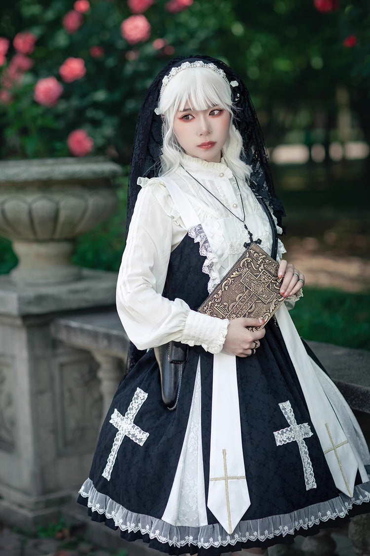 Black Paradise Cross Print Ruffle Sleeveless Gothic Lolita Dress