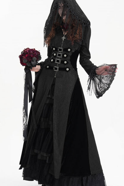 Black Buckle-up Tassels Hooded Women's Gothic Coat