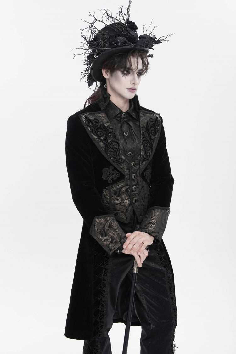 Black Lapel Collar Long Sleeves Jacquard Embroidered Slim Color-Blocked Men's Gothic Jacket