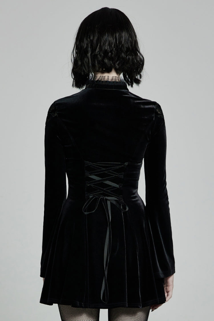 Black Long Trumpet Sleeves Hollow Lace-Up Women's Gothic Dress