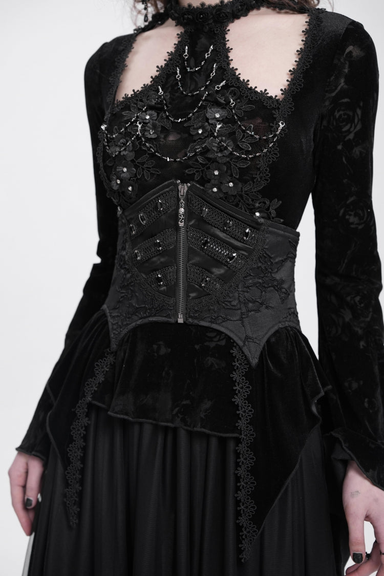 Black Batwing Beaded Lace-Up Zipper Women's Underbust Corset