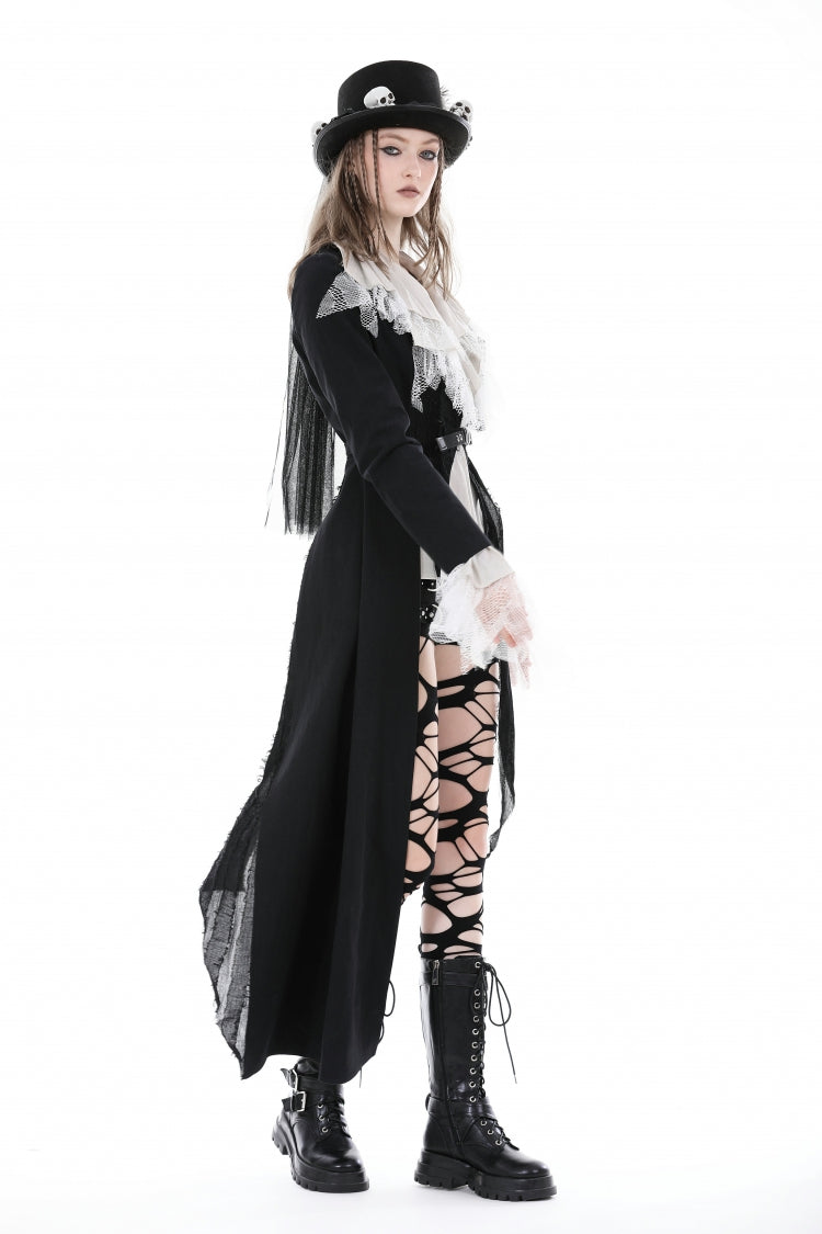Black Peak Lapel Collar Long Sleeves Irregular Distressed Women's Gothic Punk Coat with Belt