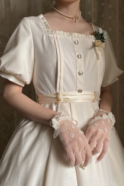 Apricot [Random Thoughts] Square Collar Short Sleeves Ruffle Classic Vintage Elegant Lolita Dress