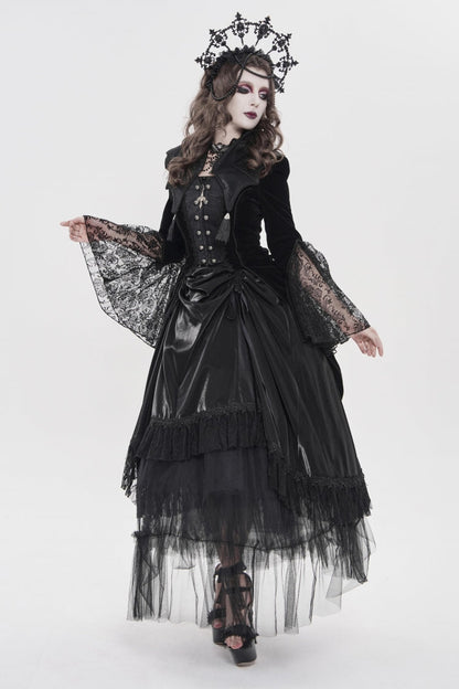 Black Long Trumpet Sleeves Embroidered Lace Slim Zippered Women's Gothic Bat Wing Collar Double-breasted Zip Jacket