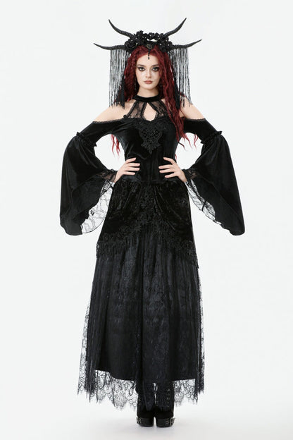 Black Off Shoulder Halterneck Long Trumpet Sleeves Cut-Out Lace Spliced Velvet Gothic Palace Top