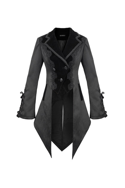 Black Front Decals Metal Button Lace-Up Cuff Dovetail Hem Striped Jacquard Women's Gothic Coat