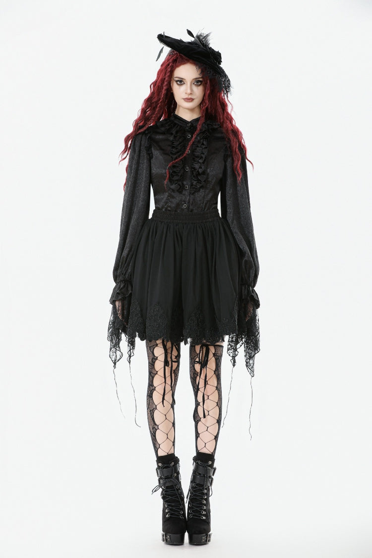 Black Long Lantern Sleeves Ruffled Spliced Lace Women's Gothic Blouse