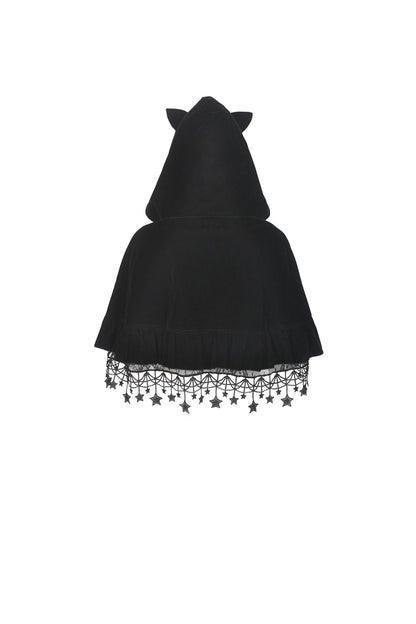 Black Lace-Up Women's Lolita Cat Ears Hooded Cape with Star Tassels