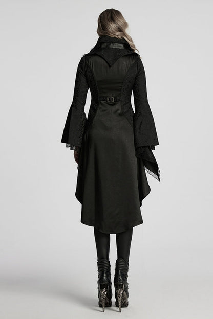 Black Lapel Collar Long Trumpet Sleeves Jacquard Women's Gothic Jacket