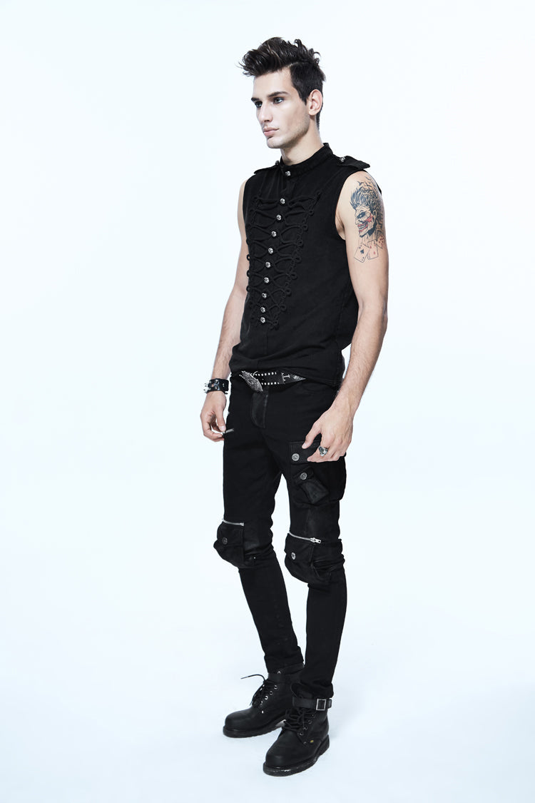 Black Military Uniform Style Chest Chinese Frog Button Sleeveless Men's Punk T-Shirt