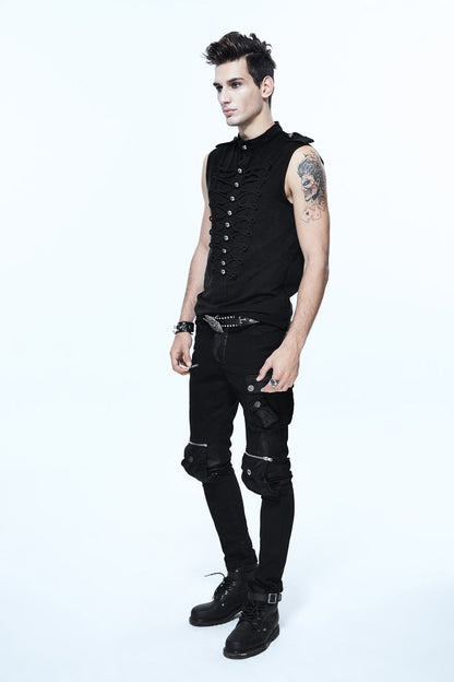 Black Military Uniform Style Chest Chinese Frog Button Sleeveless Men's Punk T-Shirt