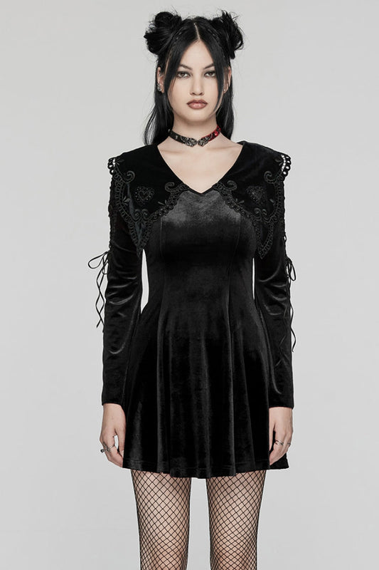 Black Doll Collar Long Sleeves Gradient Embroidery Women's Gothic Prom Dress