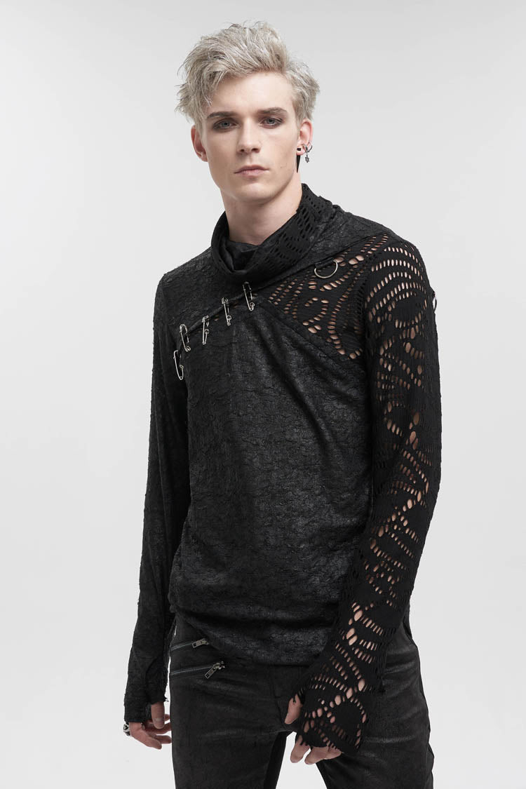 Black Fashion Printed Fabric Stitching Ripped Mesh Detachable Long Sleeve Men's Punk T-Shirt