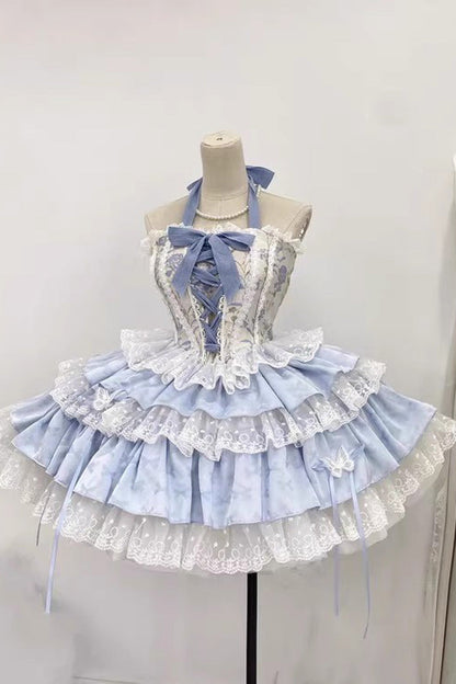 Ballet Style Fishbone Lace Multi-layer Ruffle Bowknot Sweet Lolita Jsk Skirt Set 2 Colors