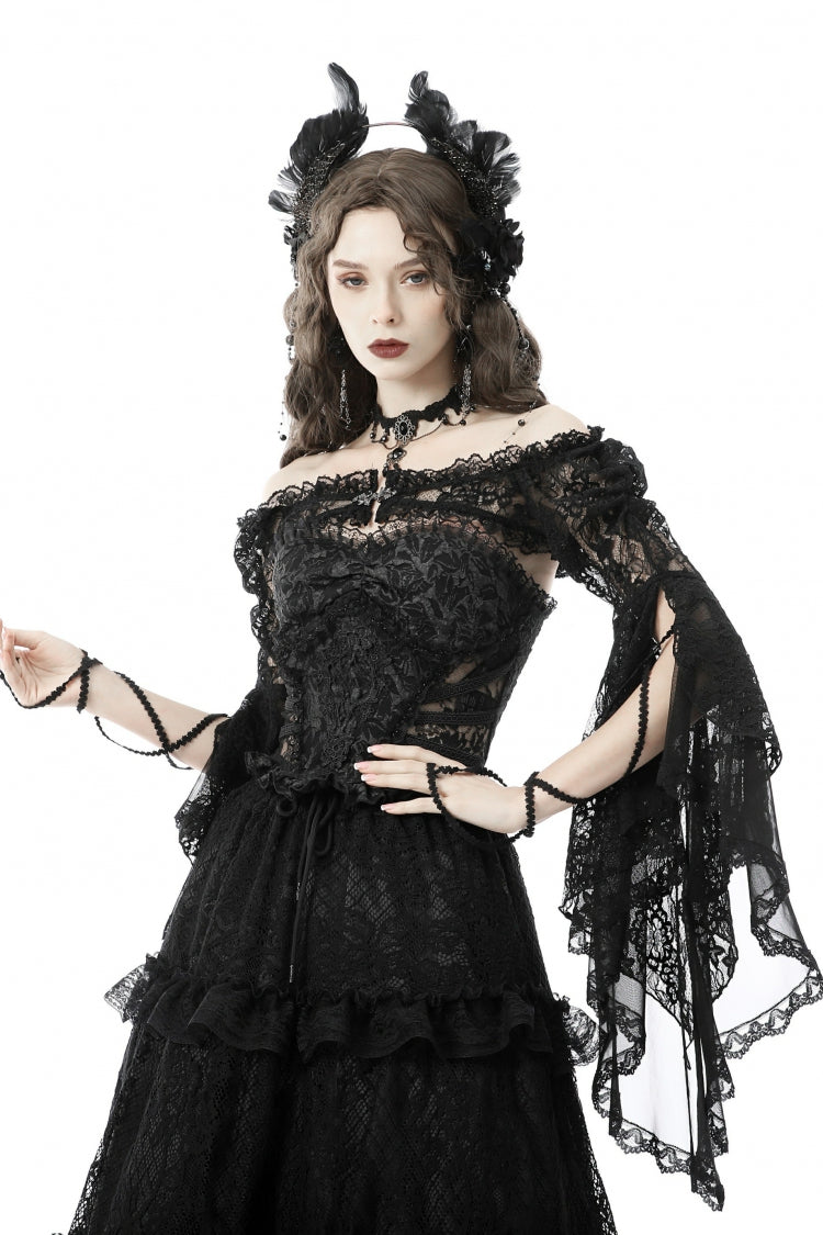 Black Off Shoulder Lace Long Trumpet Sleeves Floral Mesh Women's Gothic Cape