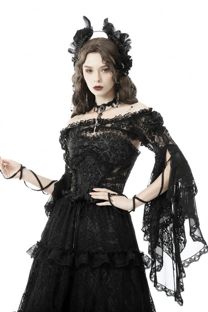 Black Off Shoulder Lace Long Trumpet Sleeves Floral Mesh Women's Gothic Cape