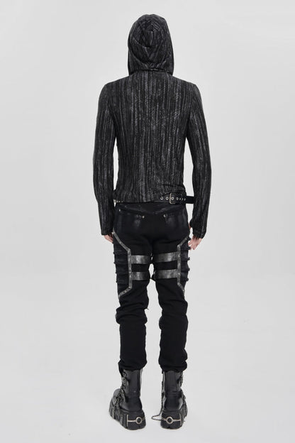 Black Long Sleeves Irregular Hooded Straps Eyelet Men's Punk Blouse