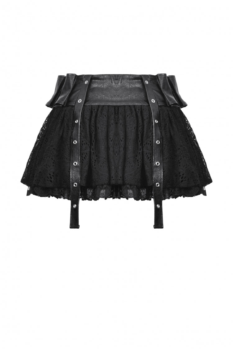 Black Faux Leather Spliced Lace Lace-Up Women's Punk Mini Skirt