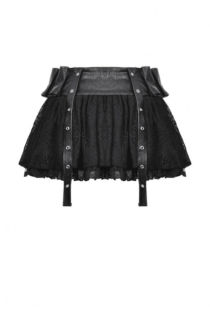 Black Faux Leather Spliced Lace Lace-Up Women's Punk Mini Skirt