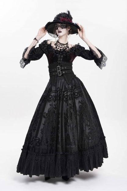 Black Jacquard Embroidery Buckle Tassels Women's Gothic Long Skirt