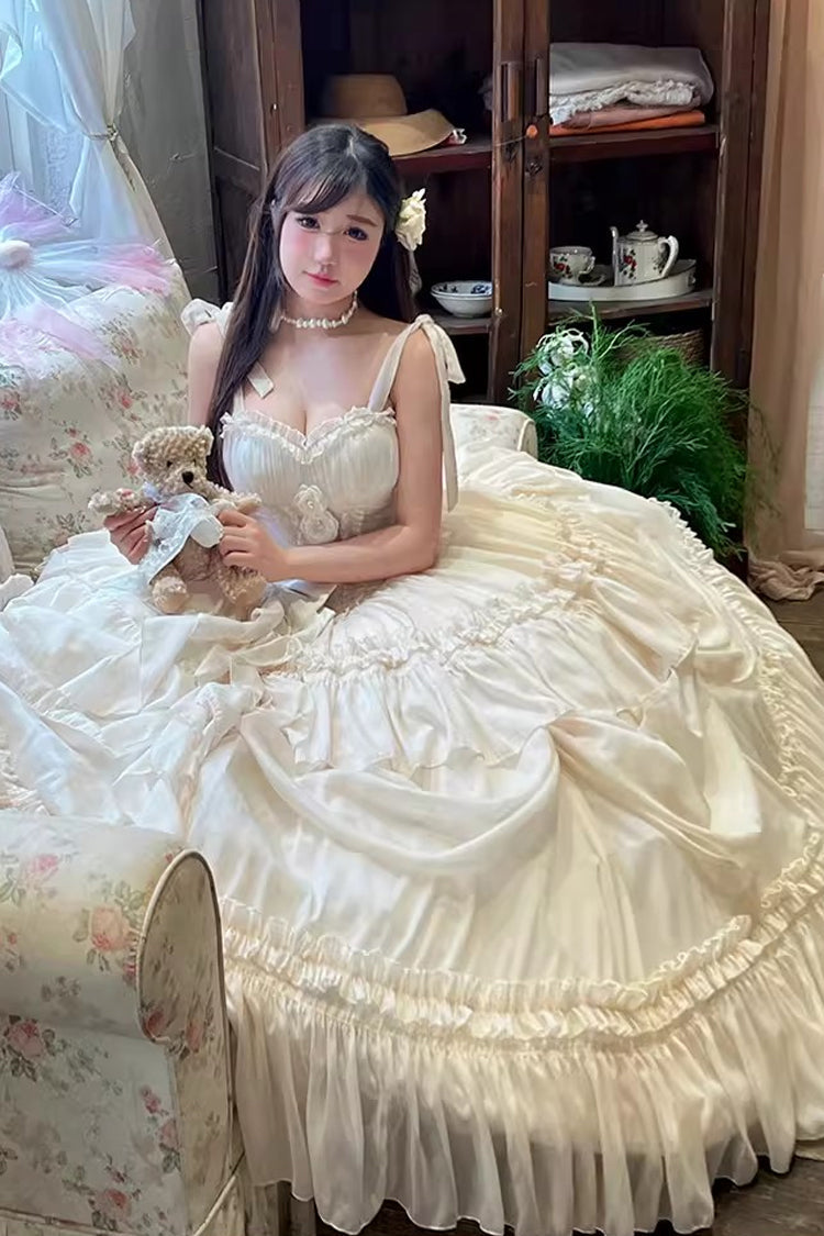 Apricot/Beige [Antique Bride] Sleeveless Multi-Layered Ruffled Bow Lace Sweet Elegant Gorgeous Full Skirt Lolita Jsk Dress