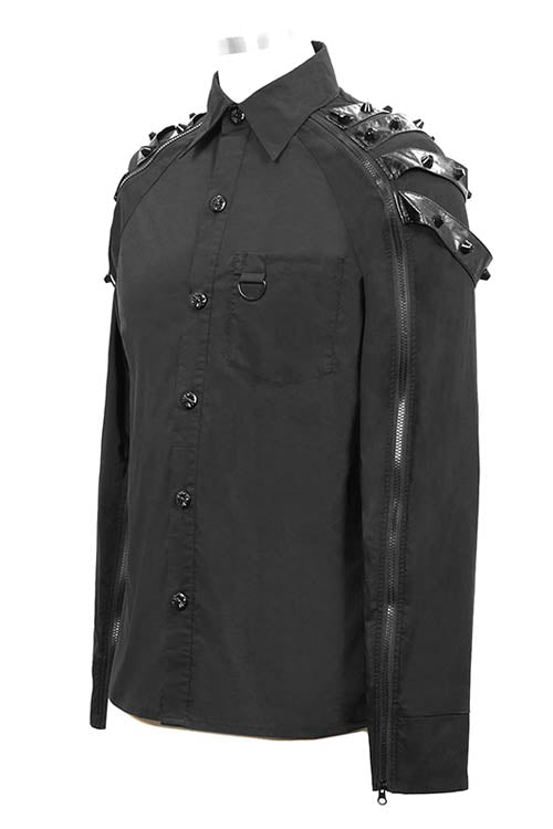 Black Long Sleeve Shoulder Zipper Mens Punk Blouse