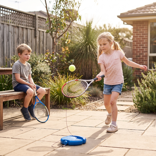 Tennis Trainer—a solo practice tool featuring an adjustable-height design and a stable base.