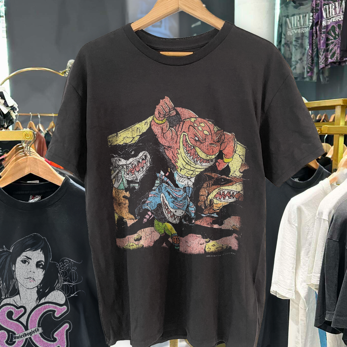 Street Sharks 1995 Grail Black Vintage Washed T-Shirt