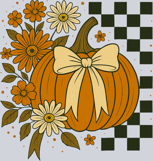 Autumn Pumpkin Flowers and Checkerboard 4 - STK07341 (DTF Transfers)